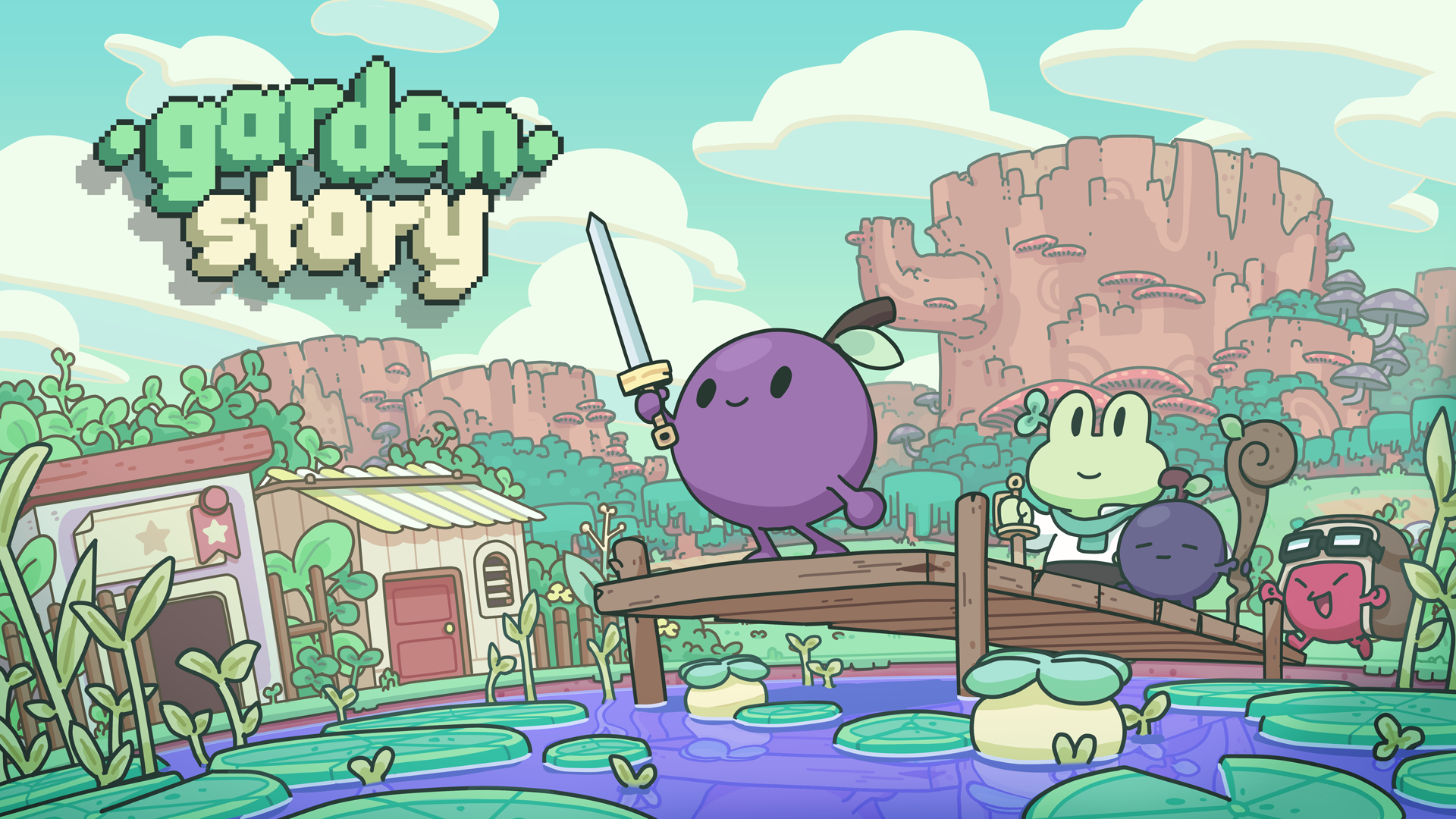 the official art for Garden Story. a grape with arms and legs named Concord stands on a dock and holds a sword up to the sky. behind them are buildings, giant tree stumps, and other characters in the game